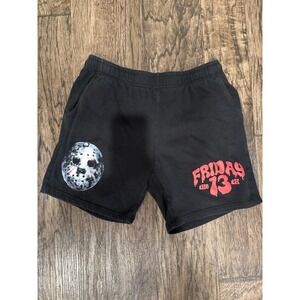 Friday the 13th Jason Voorhees Mask Graphic Print Black Sweat Shorts Size LG